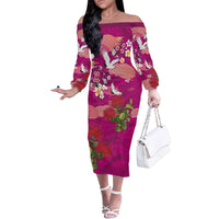 Hawaiian and Japanese Culture Together Family Matching Off The Shoulder Long Sleeve Dress and Hawaiian Shirt Pink Ohia Lehua Plumeria and Sakura Blooming - Polynesian Pride