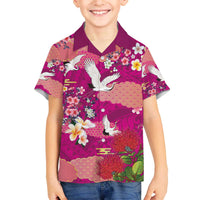 Hawaiian and Japanese Culture Together Family Matching Off The Shoulder Long Sleeve Dress and Hawaiian Shirt Pink Ohia Lehua Plumeria and Sakura Blooming - Polynesian Pride
