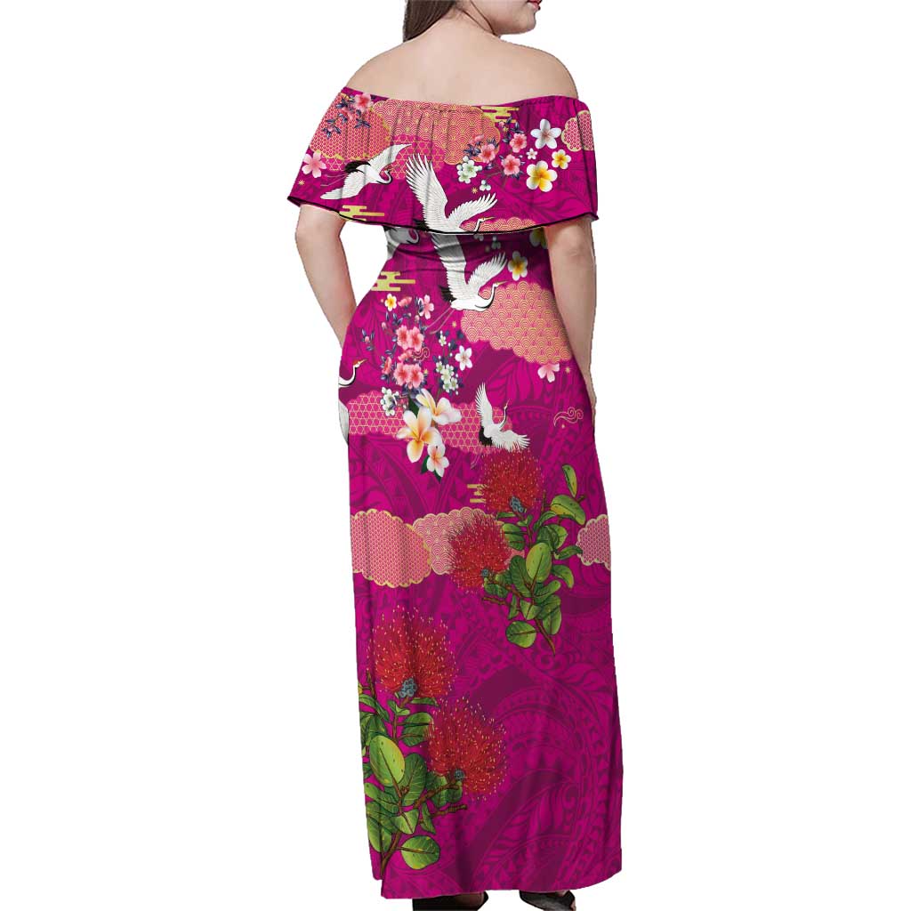 Hawaiian and Japanese Culture Together Family Matching Off Shoulder Maxi Dress and Hawaiian Shirt Pink Ohia Lehua Plumeria and Sakura Blooming - Polynesian Pride