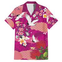 Hawaiian and Japanese Culture Together Family Matching Off Shoulder Short Dress and Hawaiian Shirt Pink Ohia Lehua Plumeria and Sakura Blooming - Polynesian Pride