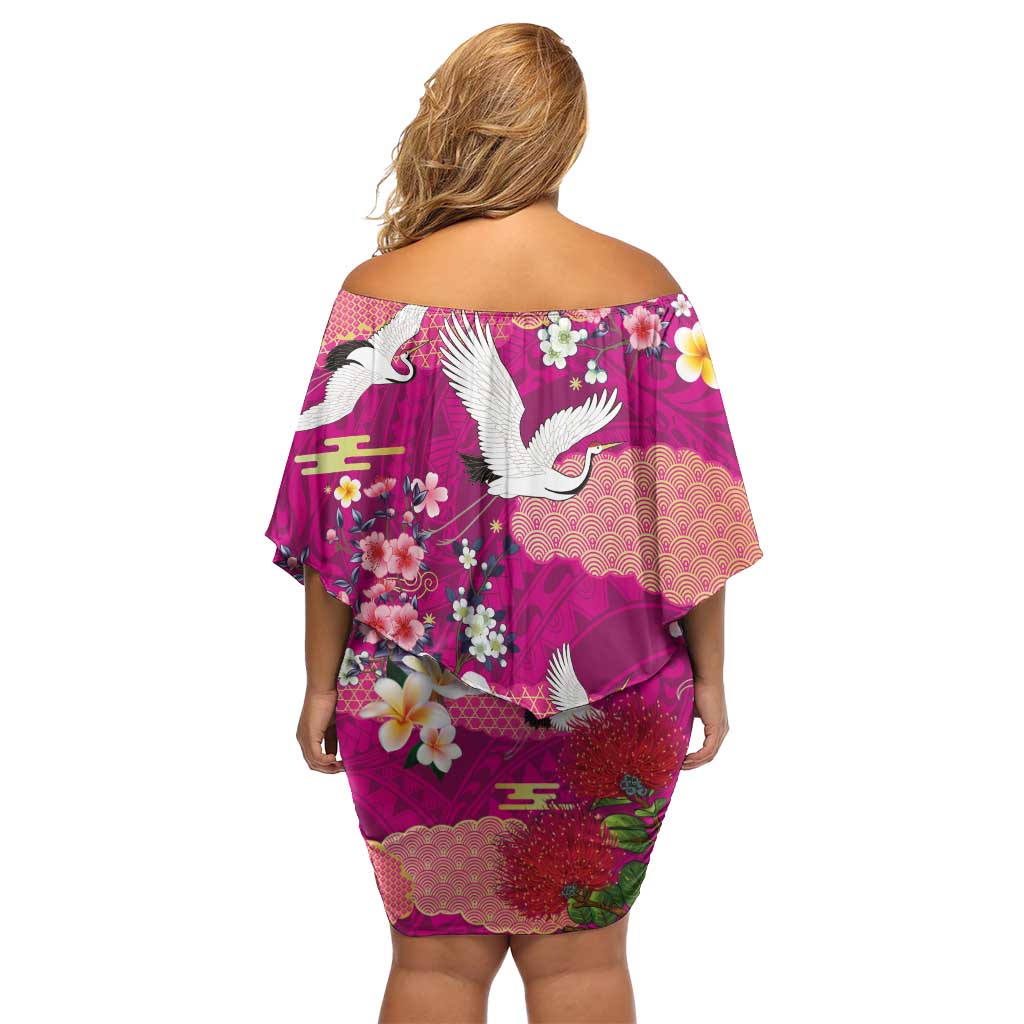 Hawaiian and Japanese Culture Together Family Matching Off Shoulder Short Dress and Hawaiian Shirt Pink Ohia Lehua Plumeria and Sakura Blooming - Polynesian Pride