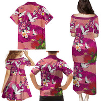 Hawaiian and Japanese Culture Together Family Matching Puletasi and Hawaiian Shirt Pink Ohia Lehua Plumeria and Sakura Blooming - Polynesian Pride