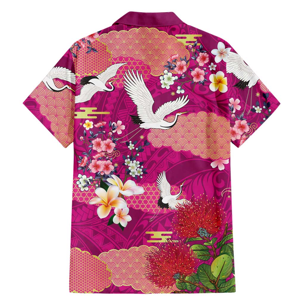 Hawaiian and Japanese Culture Together Family Matching Puletasi and Hawaiian Shirt Pink Ohia Lehua Plumeria and Sakura Blooming - Polynesian Pride