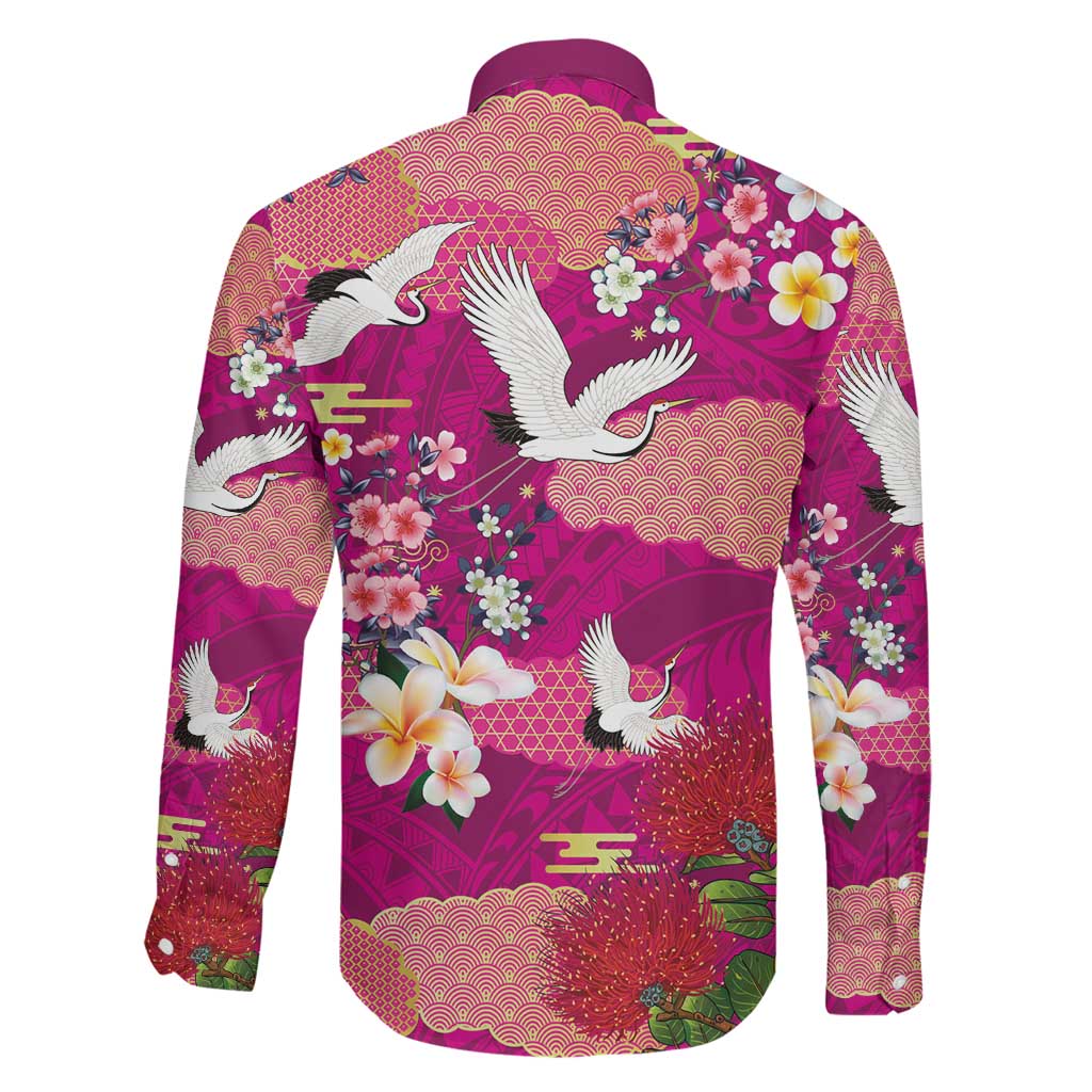 Hawaiian and Japanese Culture Together Family Matching Puletasi and Hawaiian Shirt Pink Ohia Lehua Plumeria and Sakura Blooming - Polynesian Pride