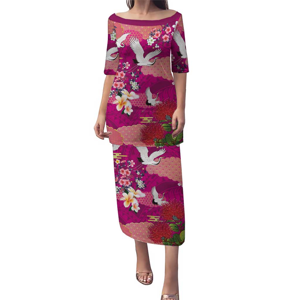 Hawaiian and Japanese Culture Together Family Matching Puletasi and Hawaiian Shirt Pink Ohia Lehua Plumeria and Sakura Blooming - Polynesian Pride