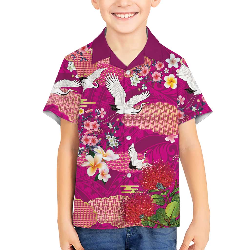 Hawaiian and Japanese Culture Together Family Matching Puletasi and Hawaiian Shirt Pink Ohia Lehua Plumeria and Sakura Blooming - Polynesian Pride