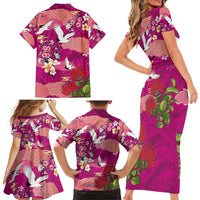 Hawaiian and Japanese Culture Together Family Matching Short Sleeve Bodycon Dress and Hawaiian Shirt Pink Ohia Lehua Plumeria and Sakura Blooming - Polynesian Pride