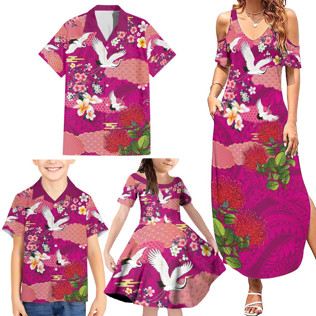 Hawaiian and Japanese Culture Together Family Matching Summer Maxi Dress and Hawaiian Shirt Pink Ohia Lehua Plumeria and Sakura Blooming - Polynesian Pride