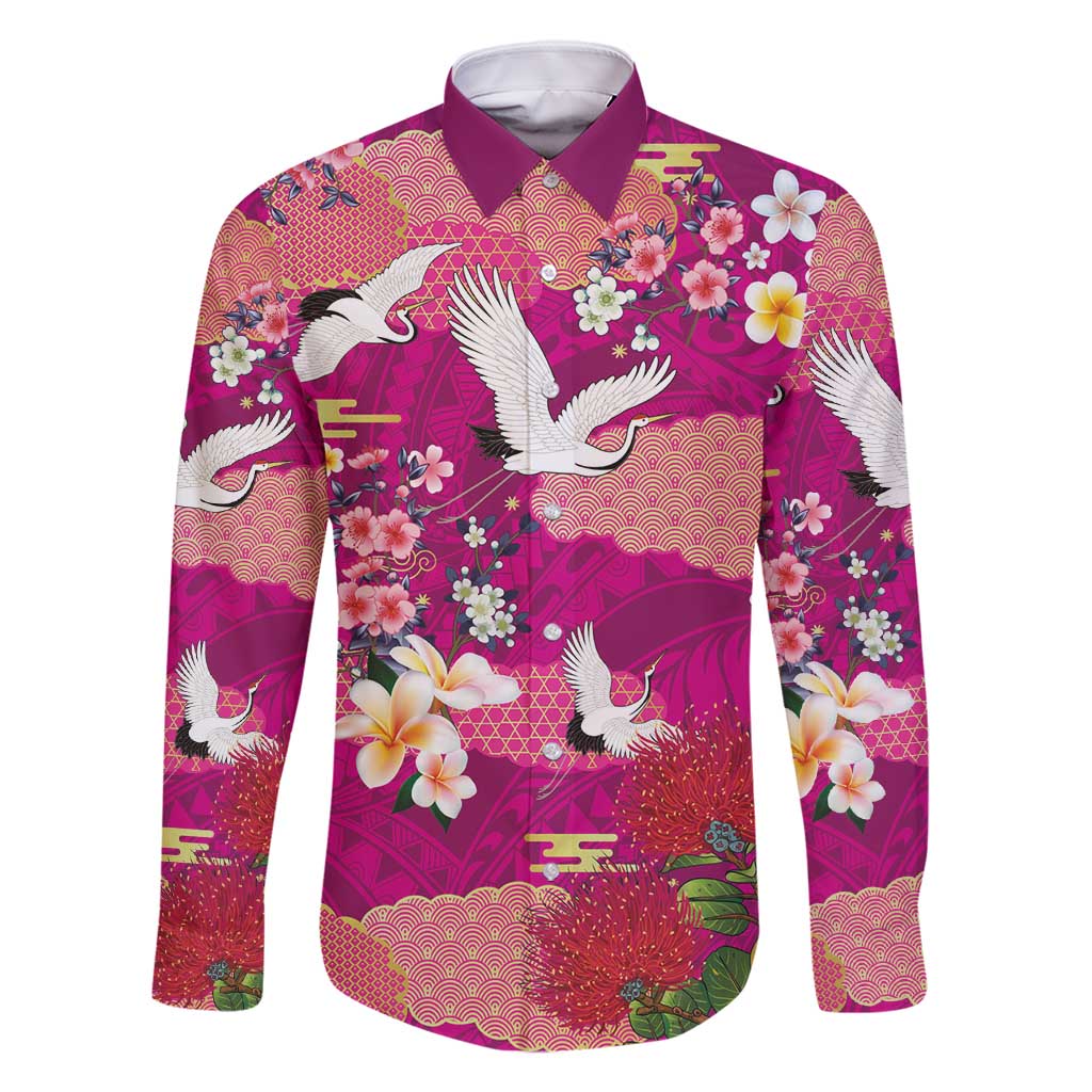 Hawaiian and Japanese Culture Together Family Matching Tank Maxi Dress and Hawaiian Shirt Pink Ohia Lehua Plumeria and Sakura Blooming - Polynesian Pride