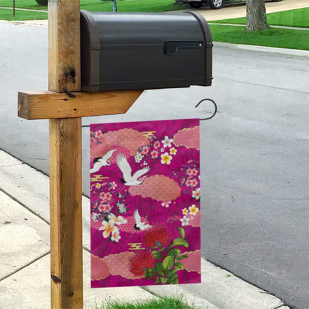 Hawaiian and Japanese Culture Together Garden Flag Pink Ohia Lehua Plumeria and Sakura Blooming - Polynesian Pride