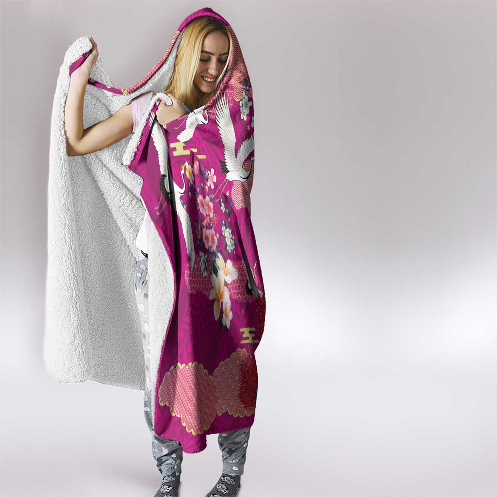 Hawaiian and Japanese Culture Together Hooded Blanket Pink Ohia Lehua Plumeria and Sakura Blooming - Polynesian Pride