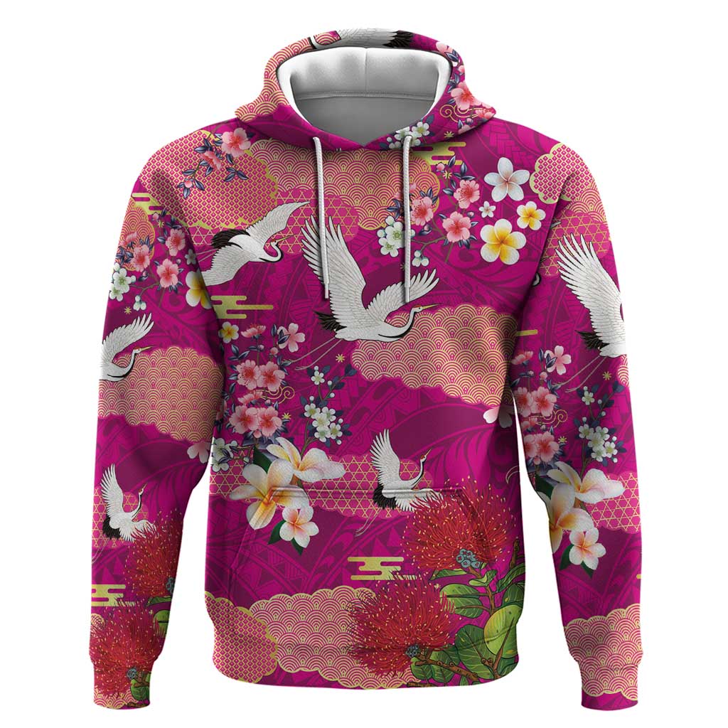 Hawaiian and Japanese Culture Together Hoodie Pink Ohia Lehua Plumeria and Sakura Blooming - Polynesian Pride