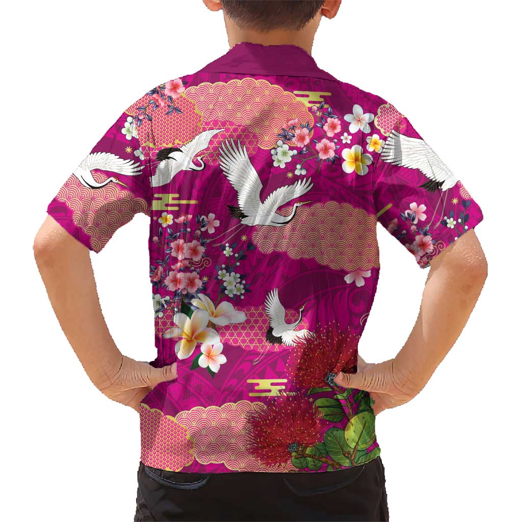 Hawaiian and Japanese Culture Together Kid Hawaiian Shirt Pink Ohia Lehua Plumeria and Sakura Blooming - Polynesian Pride