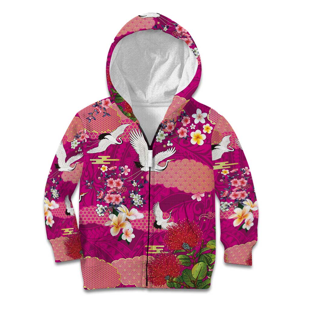 Hawaiian and Japanese Culture Together Kid Hoodie Pink Ohia Lehua Plumeria and Sakura Blooming - Polynesian Pride