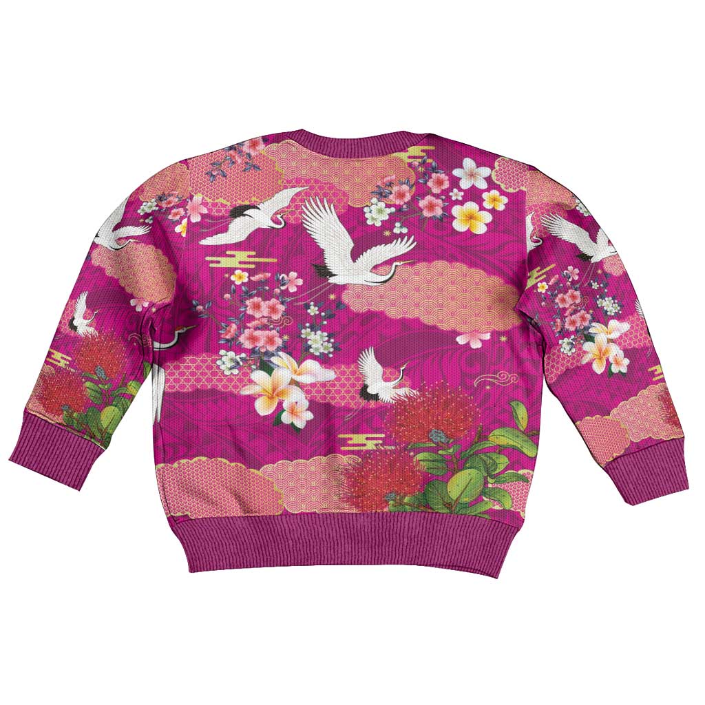 Hawaiian and Japanese Culture Together Kid Ugly Christmas Sweater Pink Ohia Lehua Plumeria and Sakura Blooming - Polynesian Pride