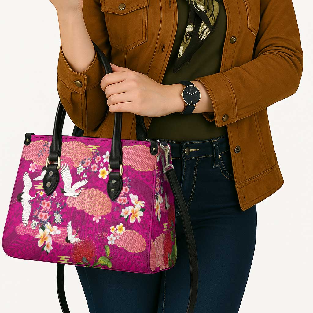 Hawaiian and Japanese Culture Together Leather Bag Pink Ohia Lehua Plumeria and Sakura Blooming - Polynesian Pride