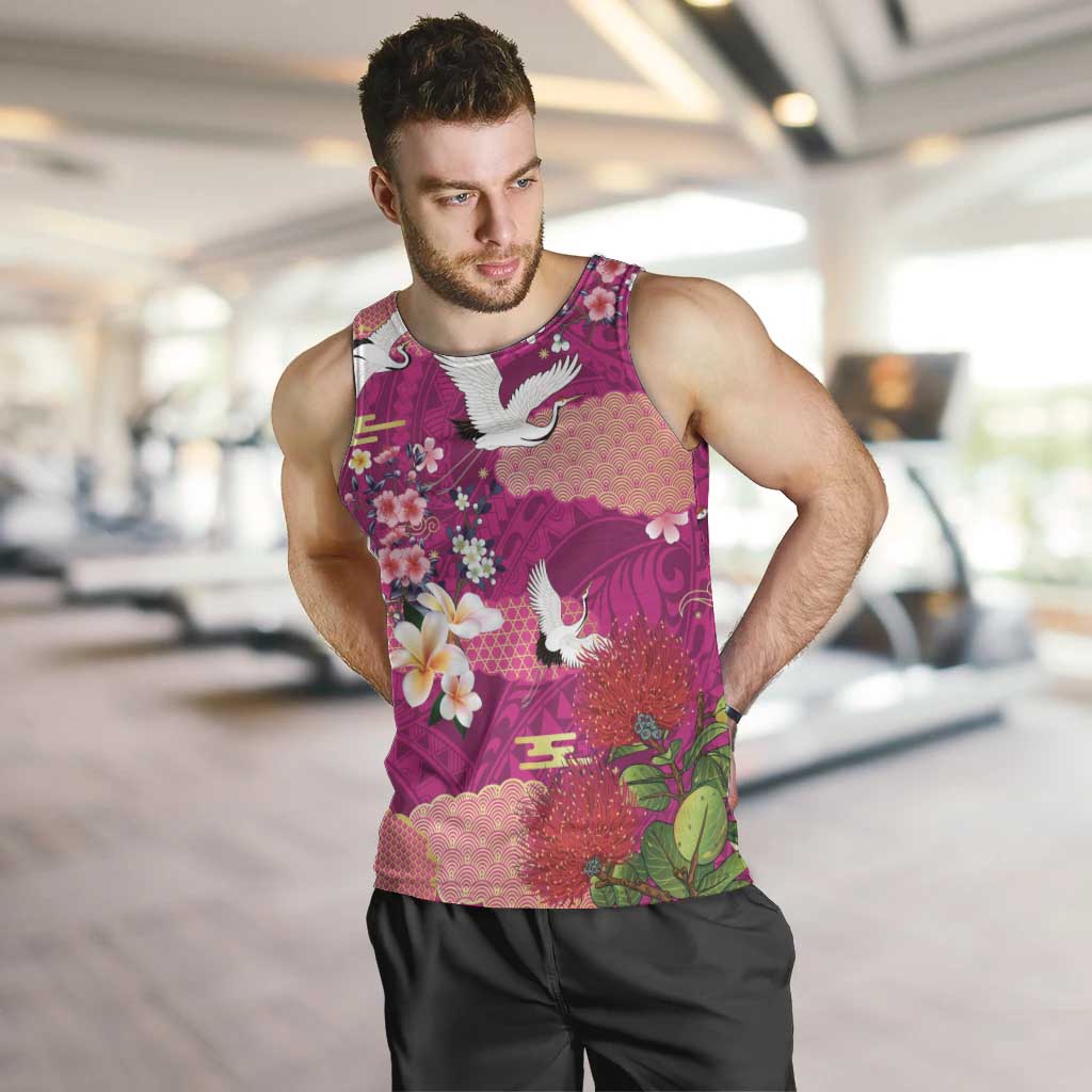 Hawaiian and Japanese Culture Together Men Tank Top Pink Ohia Lehua Plumeria and Sakura Blooming LT03 Pink - Polynesian Pride