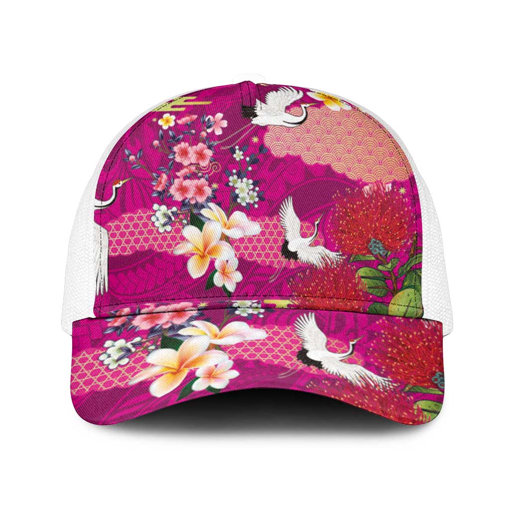 Hawaiian and Japanese Culture Together Mesh Trucker Cap Pink Ohia Lehua Plumeria and Sakura Blooming - Polynesian Pride