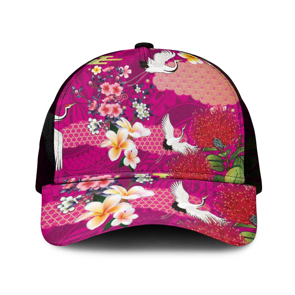 Hawaiian and Japanese Culture Together Mesh Trucker Cap Pink Ohia Lehua Plumeria and Sakura Blooming - Polynesian Pride