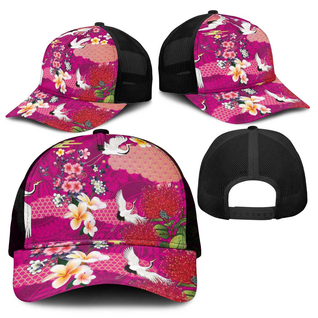 Hawaiian and Japanese Culture Together Mesh Trucker Cap Pink Ohia Lehua Plumeria and Sakura Blooming - Polynesian Pride