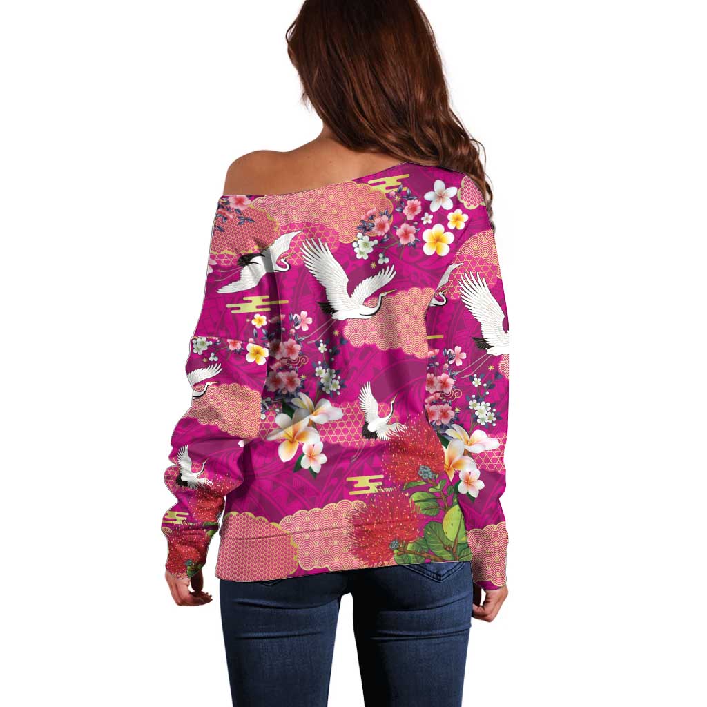 Hawaiian and Japanese Culture Together Off Shoulder Sweater Pink Ohia Lehua Plumeria and Sakura Blooming - Polynesian Pride