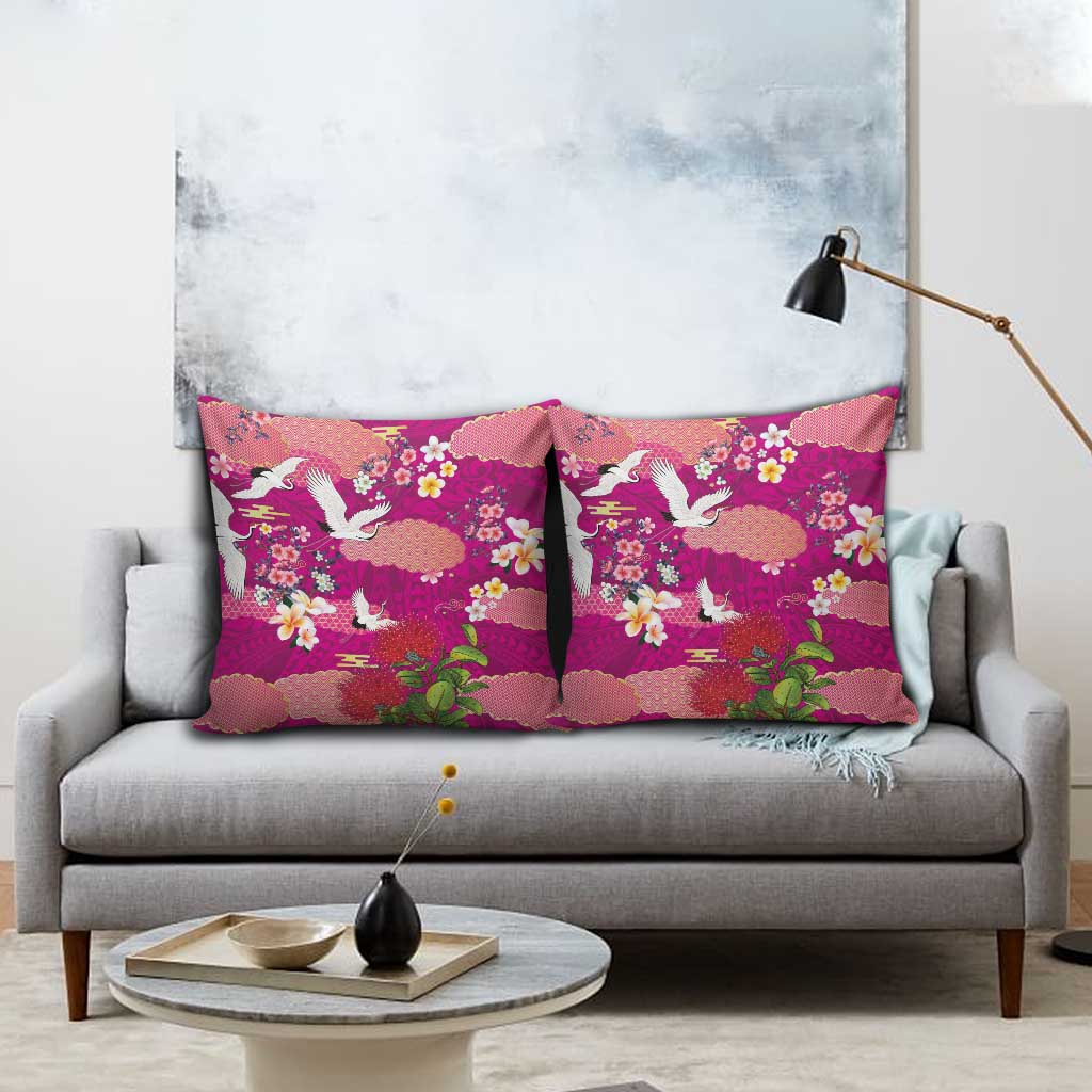 Hawaiian and Japanese Culture Together Pillow Cover Pink Ohia Lehua Plumeria and Sakura Blooming - Polynesian Pride