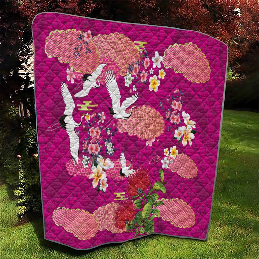 Hawaiian and Japanese Culture Together Quilt Pink Ohia Lehua Plumeria and Sakura Blooming - Polynesian Pride