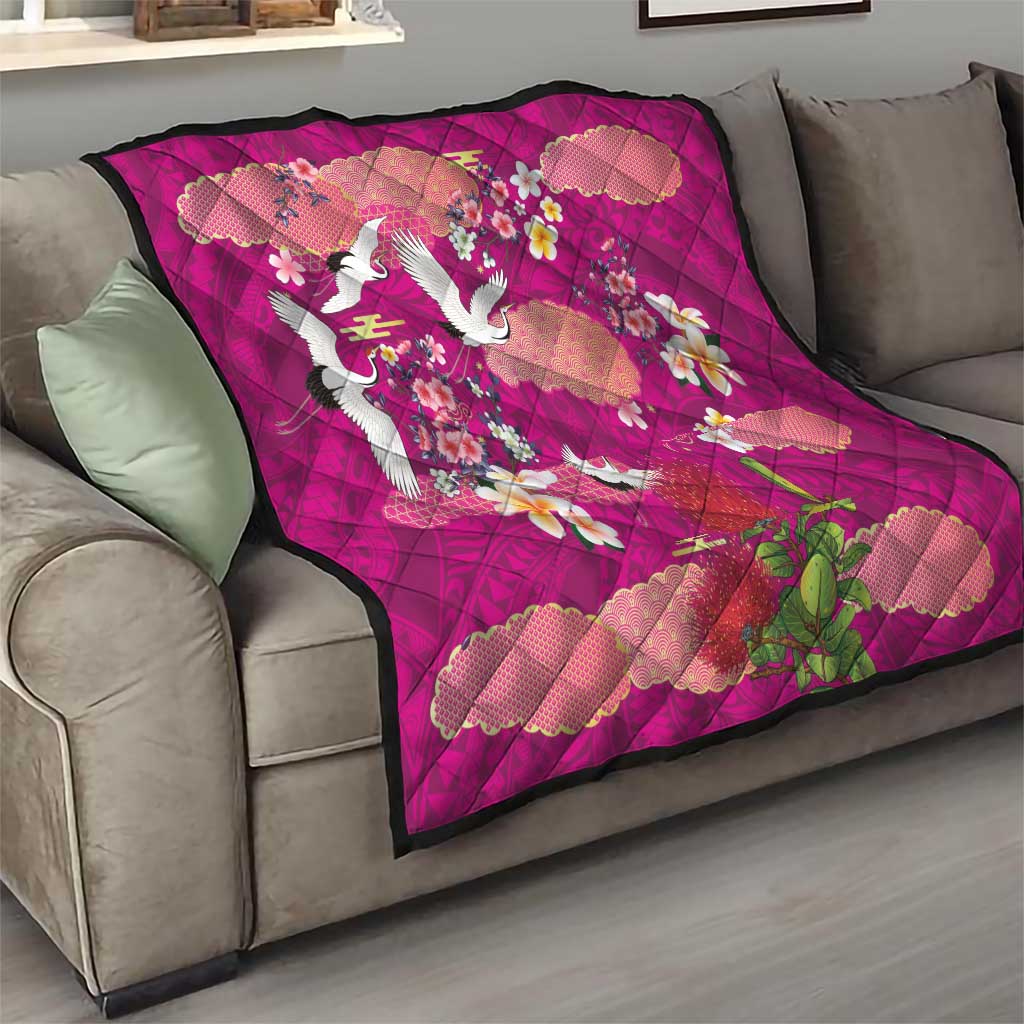 Hawaiian and Japanese Culture Together Quilt Pink Ohia Lehua Plumeria and Sakura Blooming - Polynesian Pride