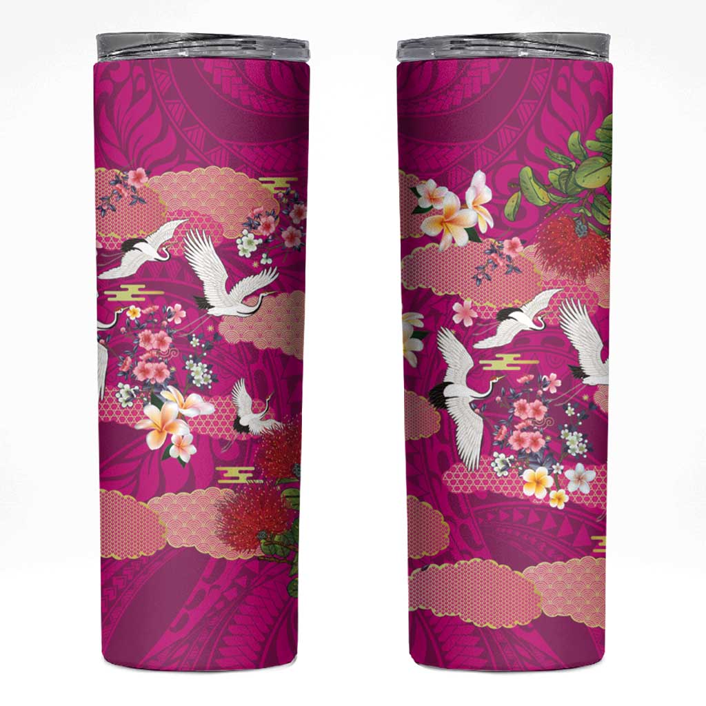 Hawaiian and Japanese Culture Together Skinny Tumbler Pink Ohia Lehua Plumeria and Sakura Blooming - Polynesian Pride