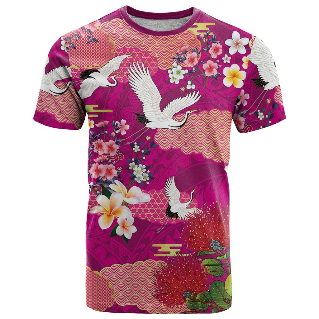 Hawaiian and Japanese Culture Together T Shirt Pink Ohia Lehua Plumeria and Sakura Blooming - Polynesian Pride