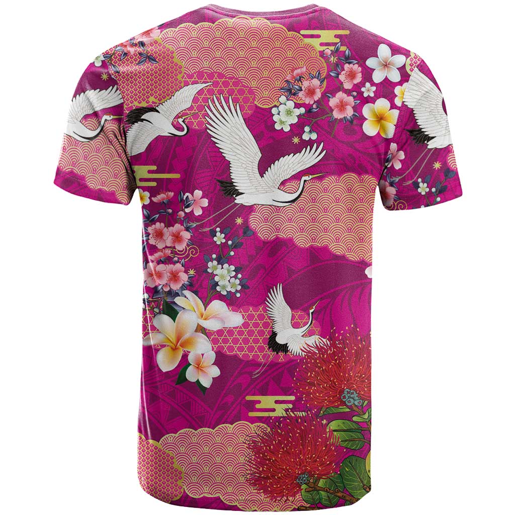 Hawaiian and Japanese Culture Together T Shirt Pink Ohia Lehua Plumeria and Sakura Blooming - Polynesian Pride