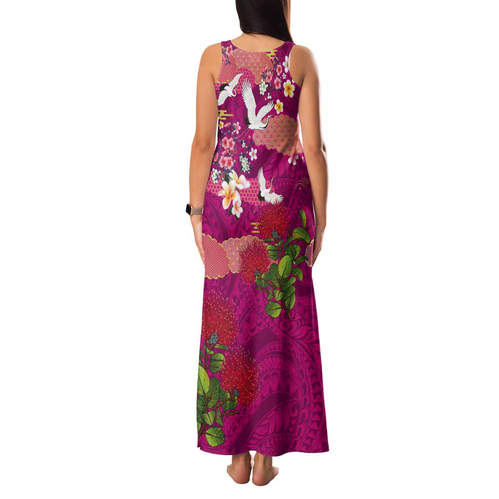 Hawaiian and Japanese Culture Together Tank Maxi Dress Pink Ohia Lehua Plumeria and Sakura Blooming - Polynesian Pride