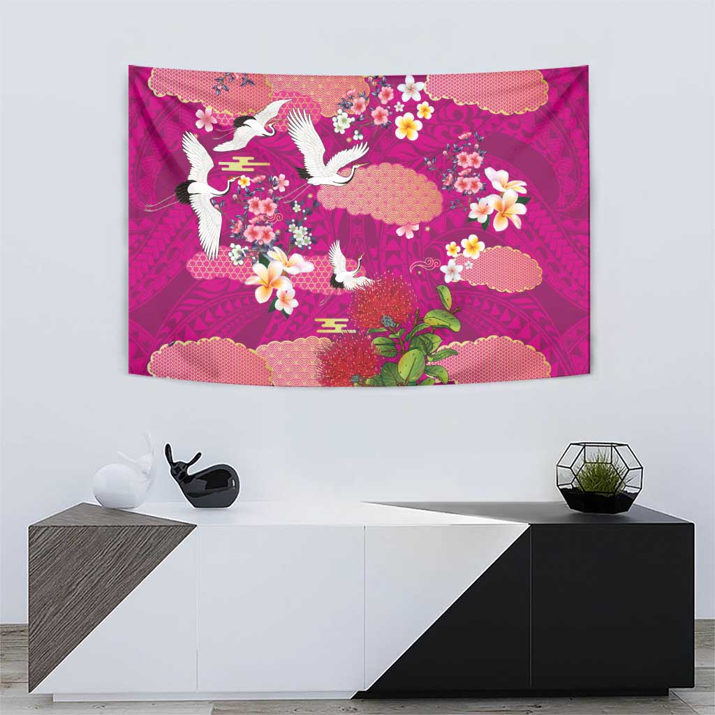Hawaiian and Japanese Culture Together Tapestry Pink Ohia Lehua Plumeria and Sakura Blooming - Polynesian Pride
