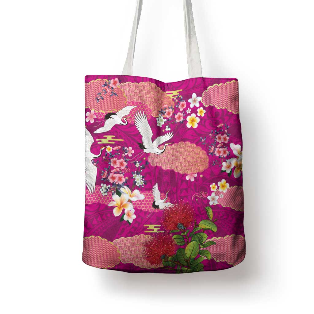 Hawaiian and Japanese Culture Together Tote Bag Pink Ohia Lehua Plumeria and Sakura Blooming - Polynesian Pride