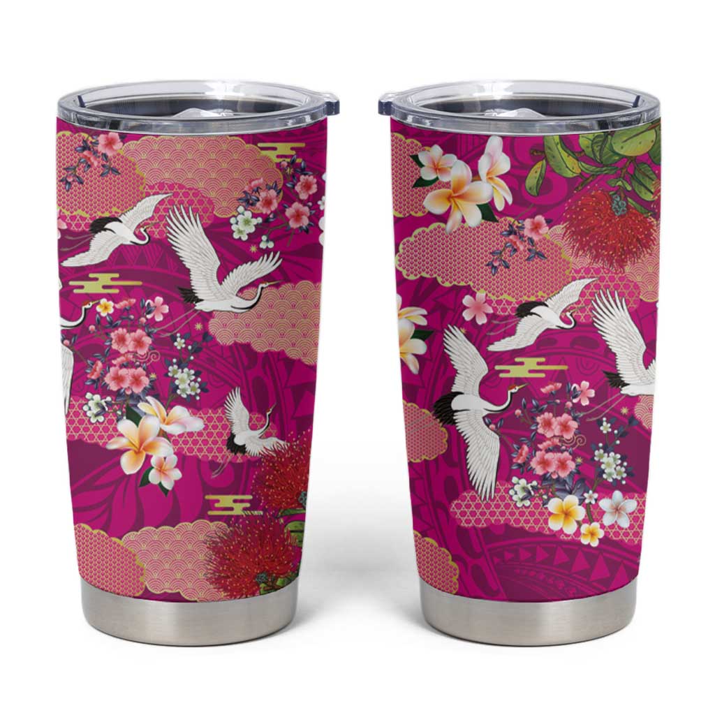 Hawaiian and Japanese Culture Together Tumbler Cup Pink Ohia Lehua Plumeria and Sakura Blooming - Polynesian Pride