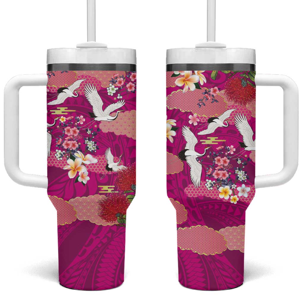 Hawaiian and Japanese Culture Together Tumbler With Handle Pink Ohia Lehua Plumeria and Sakura Blooming - Polynesian Pride