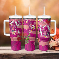 Hawaiian and Japanese Culture Together Tumbler With Handle Pink Ohia Lehua Plumeria and Sakura Blooming - Polynesian Pride