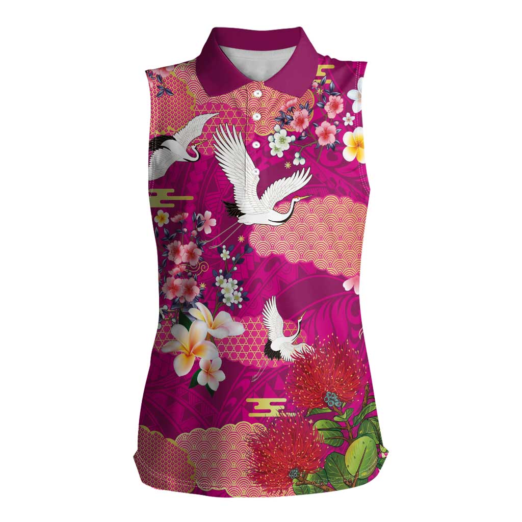 Hawaiian and Japanese Culture Together Women Sleeveless Polo Shirt Pink Ohia Lehua Plumeria and Sakura Blooming LT03 Female Pink - Polynesian Pride
