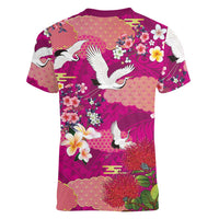 Hawaiian and Japanese Culture Together Women V-Neck T-Shirt Pink Ohia Lehua Plumeria and Sakura Blooming - Polynesian Pride