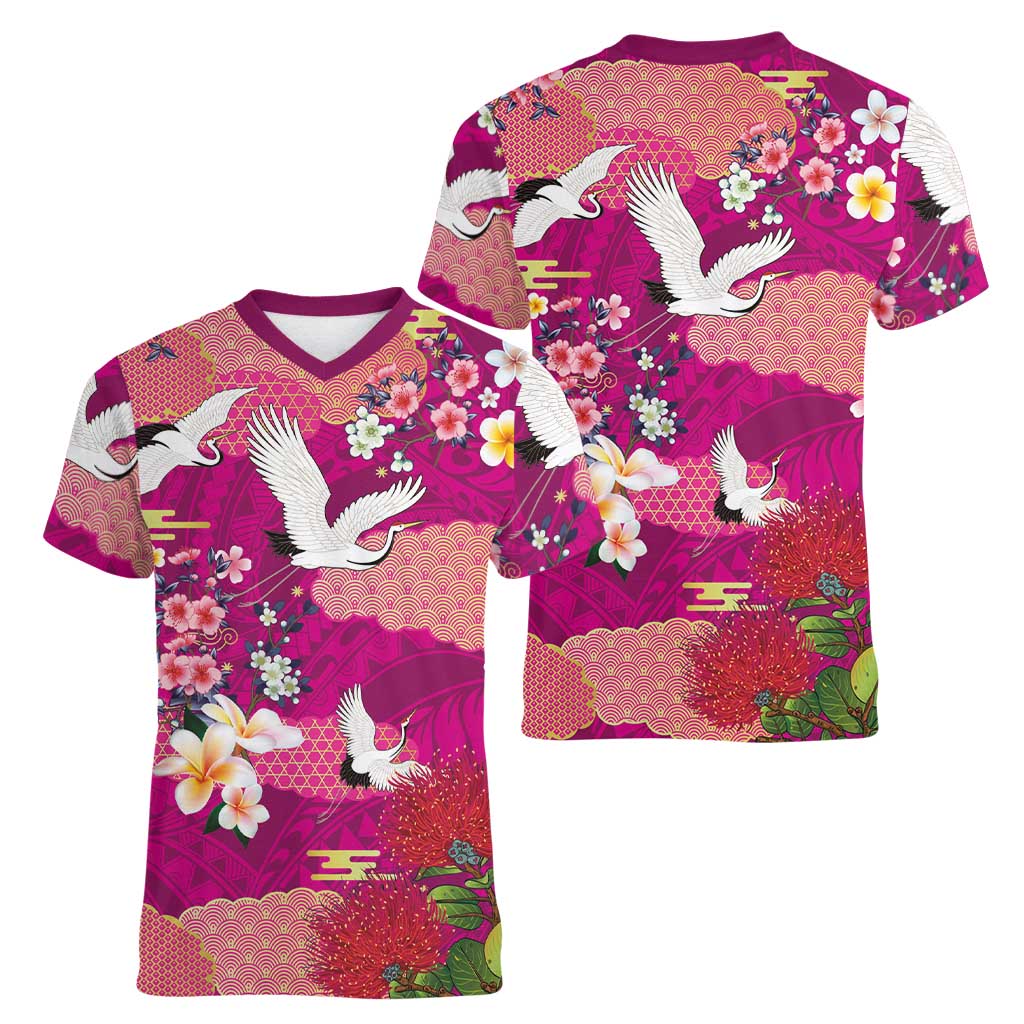 Hawaiian and Japanese Culture Together Women V-Neck T-Shirt Pink Ohia Lehua Plumeria and Sakura Blooming - Polynesian Pride