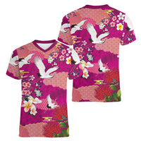 Hawaiian and Japanese Culture Together Women V-Neck T-Shirt Pink Ohia Lehua Plumeria and Sakura Blooming - Polynesian Pride