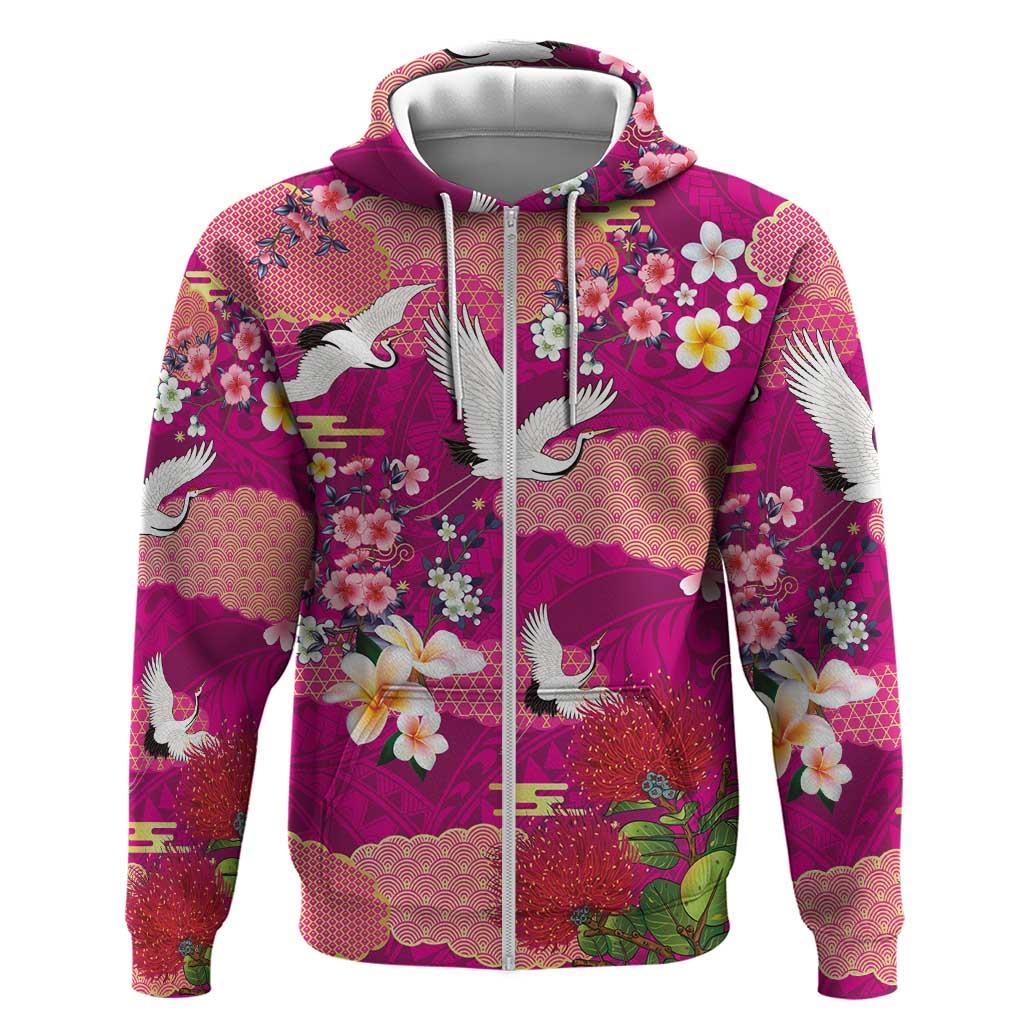 Hawaiian and Japanese Culture Together Zip Hoodie Pink Ohia Lehua Plumeria and Sakura Blooming LT03 Zip Hoodie Pink - Polynesian Pride