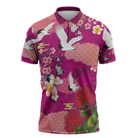 Hawaiian and Japanese Culture Together Zipper Polo Shirt Pink Ohia Lehua Plumeria and Sakura Blooming - Polynesian Pride