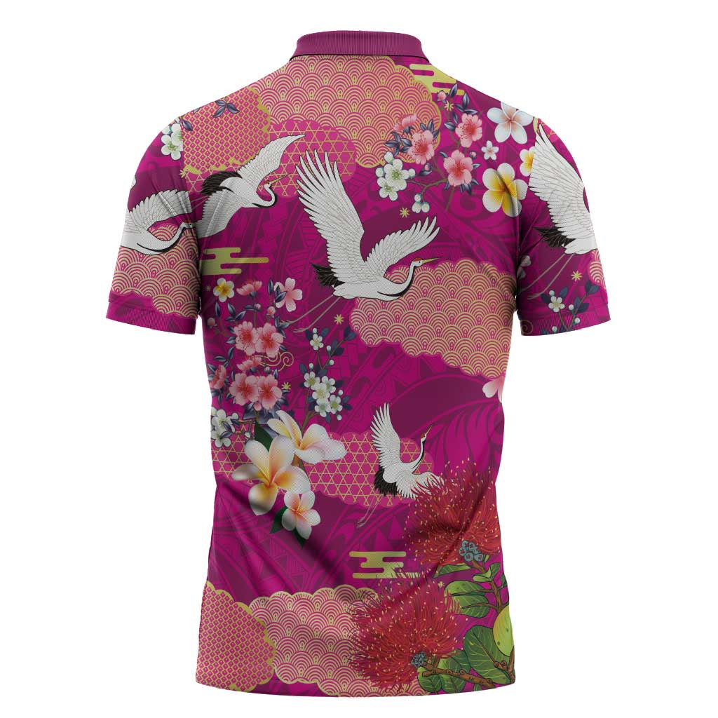 Hawaiian and Japanese Culture Together Zipper Polo Shirt Pink Ohia Lehua Plumeria and Sakura Blooming - Polynesian Pride