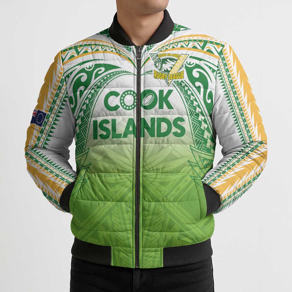 Custom Cook Islands Rugby League Bomber Puffer Jacket Tatau Tribal Motifs-Light Green Color - Polynesian Pride