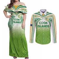 Custom Cook Islands Rugby League Couples Matching Off Shoulder Maxi Dress and Long Sleeve Button Shirt Tatau Tribal Motifs-Light Green Color - Polynesian Pride