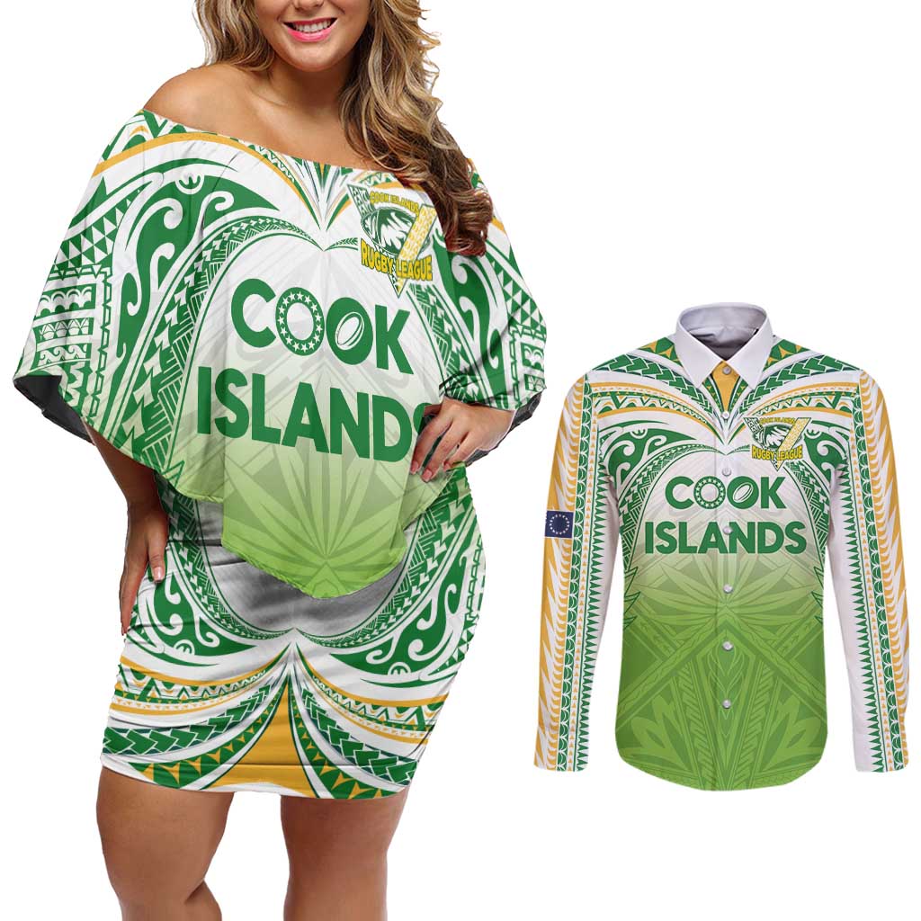 Custom Cook Islands Rugby League Couples Matching Off Shoulder Short Dress and Long Sleeve Button Shirt Tatau Tribal Motifs-Light Green Color - Polynesian Pride