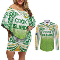 Custom Cook Islands Rugby League Couples Matching Off Shoulder Short Dress and Long Sleeve Button Shirt Tatau Tribal Motifs-Light Green Color - Polynesian Pride