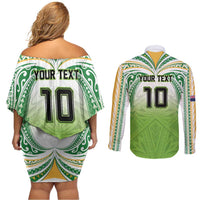 Custom Cook Islands Rugby League Couples Matching Off Shoulder Short Dress and Long Sleeve Button Shirt Tatau Tribal Motifs-Light Green Color - Polynesian Pride