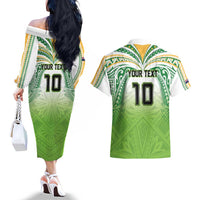 Custom Cook Islands Rugby League Couples Matching Off The Shoulder Long Sleeve Dress and Hawaiian Shirt Tatau Tribal Motifs-Light Green Color - Polynesian Pride